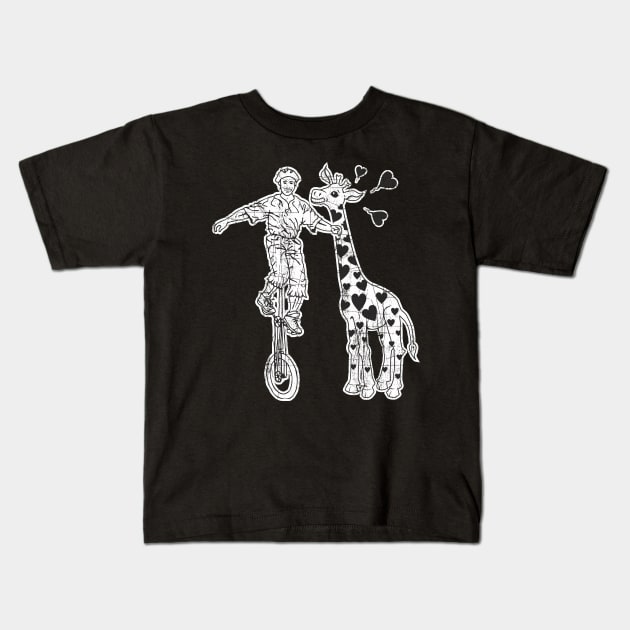 Giraffe  Loves Funny Freaky Giraffe Unicyclist Artist Kids T-Shirt by FancyTeeDesigns